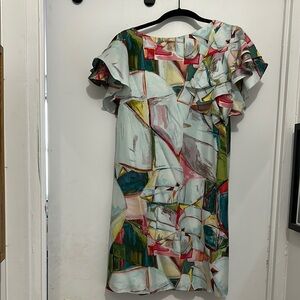 Abstract Multicolor Ruffle Sleeve Dress